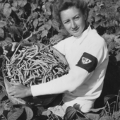 Elaine Norwich of WLA Showing Bushel of Beans Elaine Norwich of WLA Showing Bushel of Beans